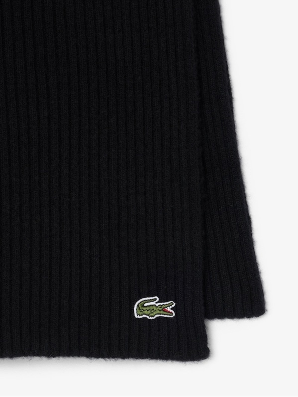 Lacoste Men's Black Ribbed Wool Scarf with Crocodile Logo